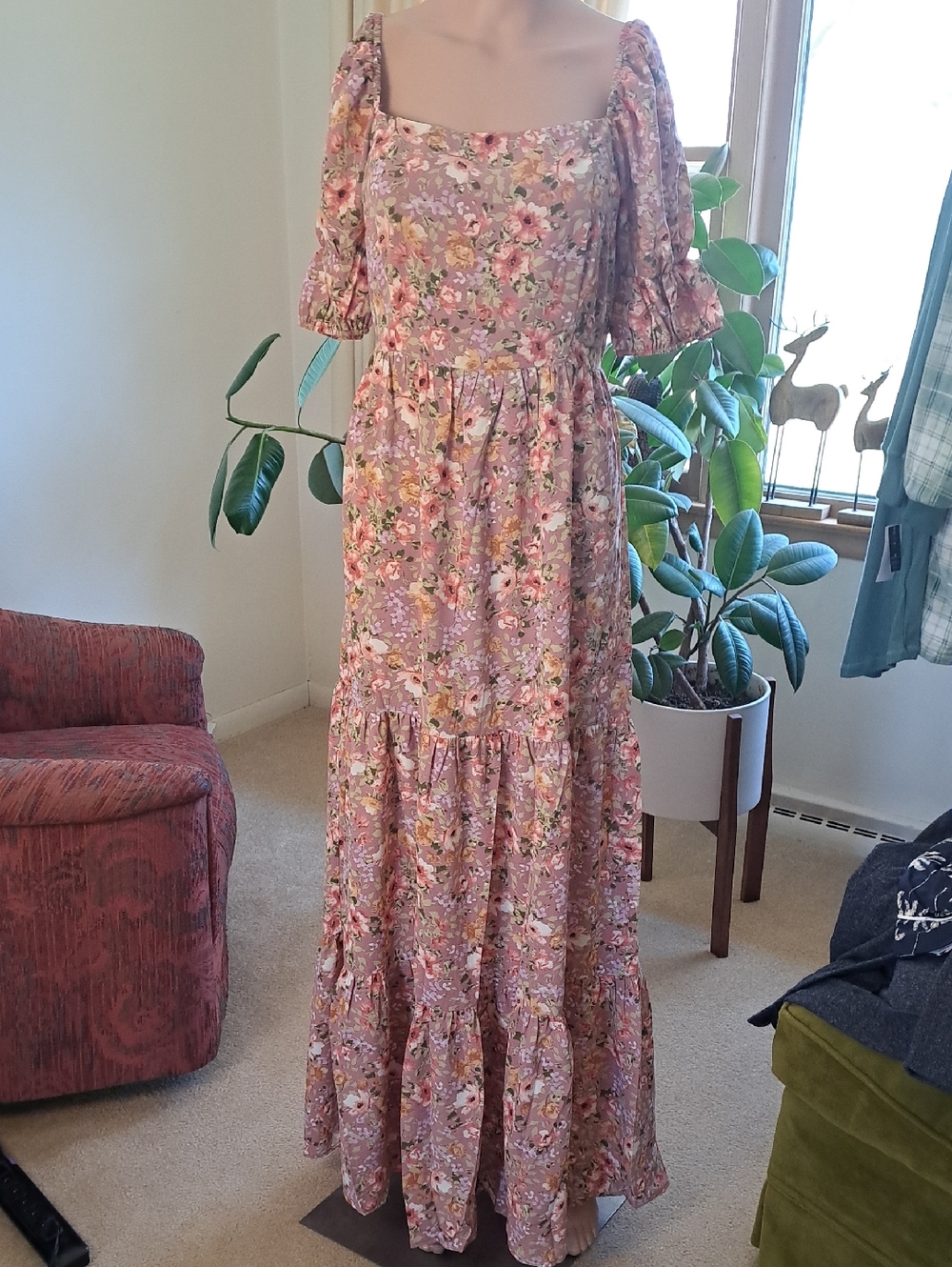 Inmod Floral Pink Maxi Dress with Puff Sleeves L Ptp 19"
